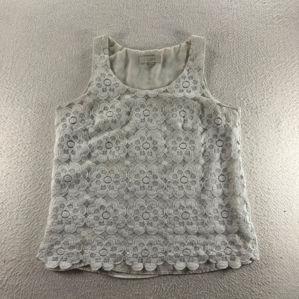 Loft Floral Lace Tank Top Womens Med Cream Good Scalloped Hem Sleeveless Shell